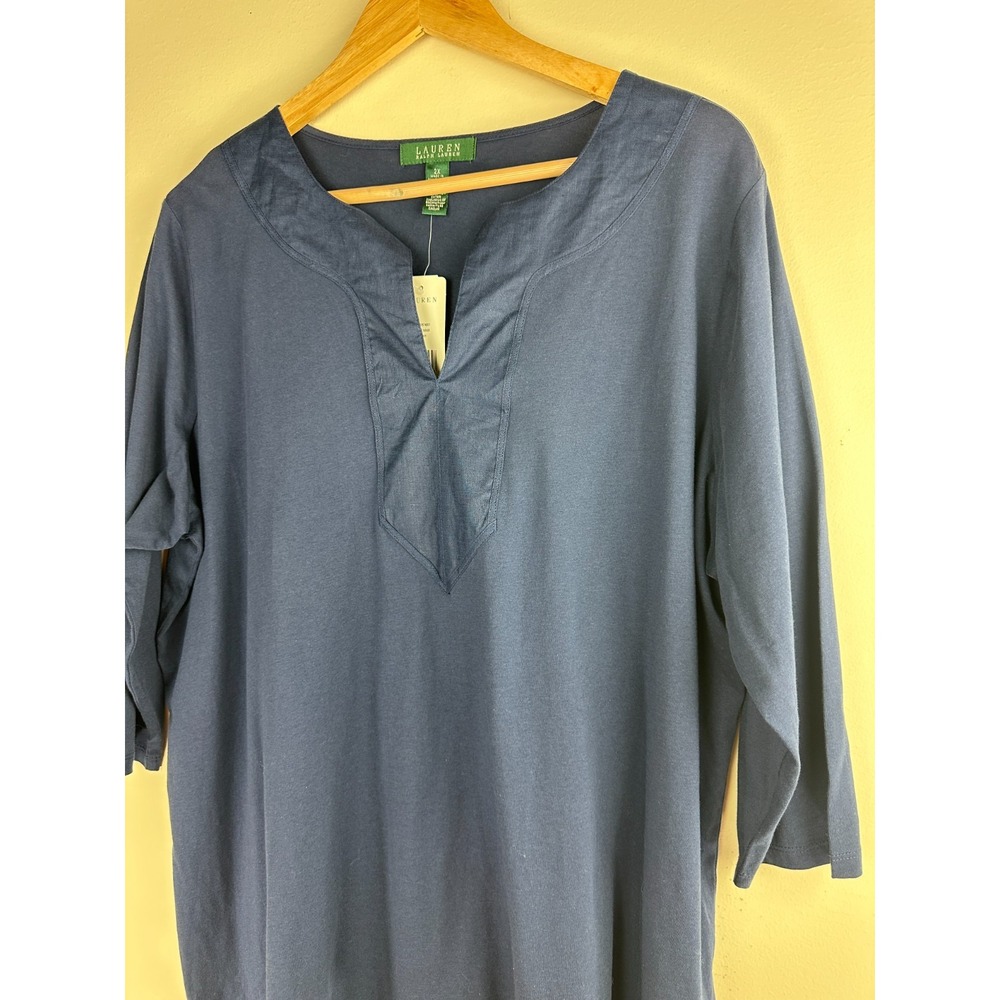 NEW Lauren Ralph Lauren Split Neck 3/4 Sleeve Cotton Top Navy Plus Size 2X - Picture 4 of 10